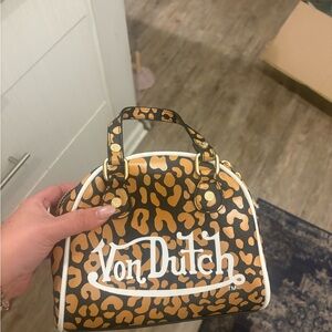 Von Dutch Leopard Print Mini Dome Bag - Tan, Black & White